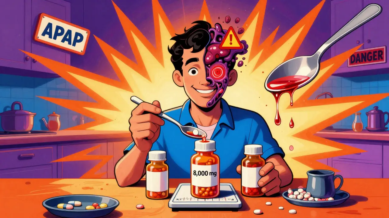 A man with split head showing calm and liver damage, pills and spoon overflowing with acetaminophen in psychedelic style