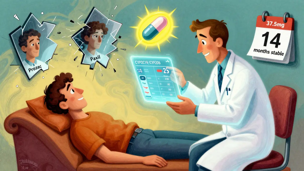 A patient and pharmacist reviewing a holographic gene report, with shattered antidepressant bottles behind them and one glowing pill ahead.