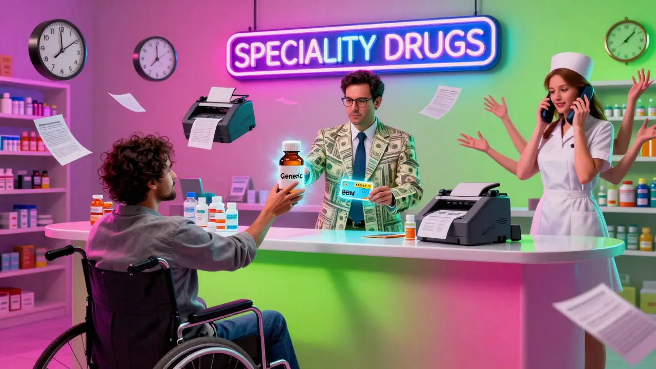 A patient reaches for a generic drug that fades away, while a PBM executive offers a branded alternative amid chaotic floating paperwork and phones.
