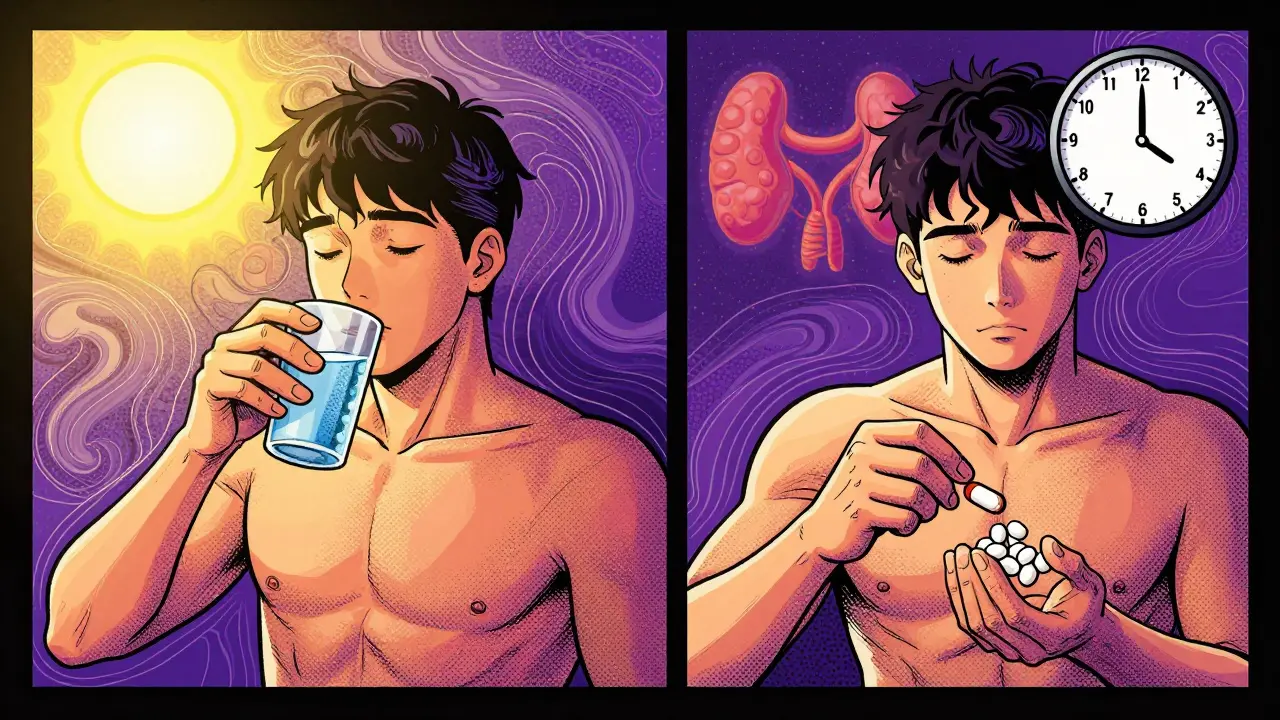 A person taking levothyroxine at 6 a.m. and calcium/iron at 10 a.m. with a glowing time gap between them.