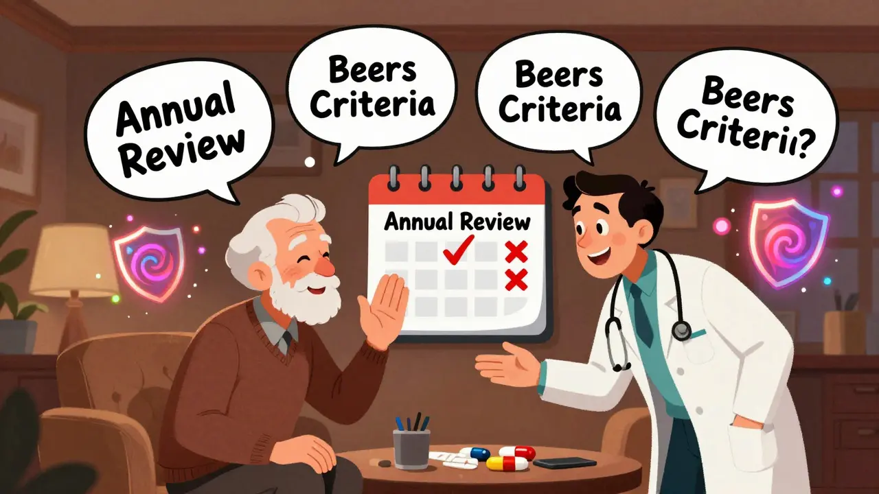 A senior and doctor discuss medication safety, with key questions floating in speech bubbles and a calendar marking a review.