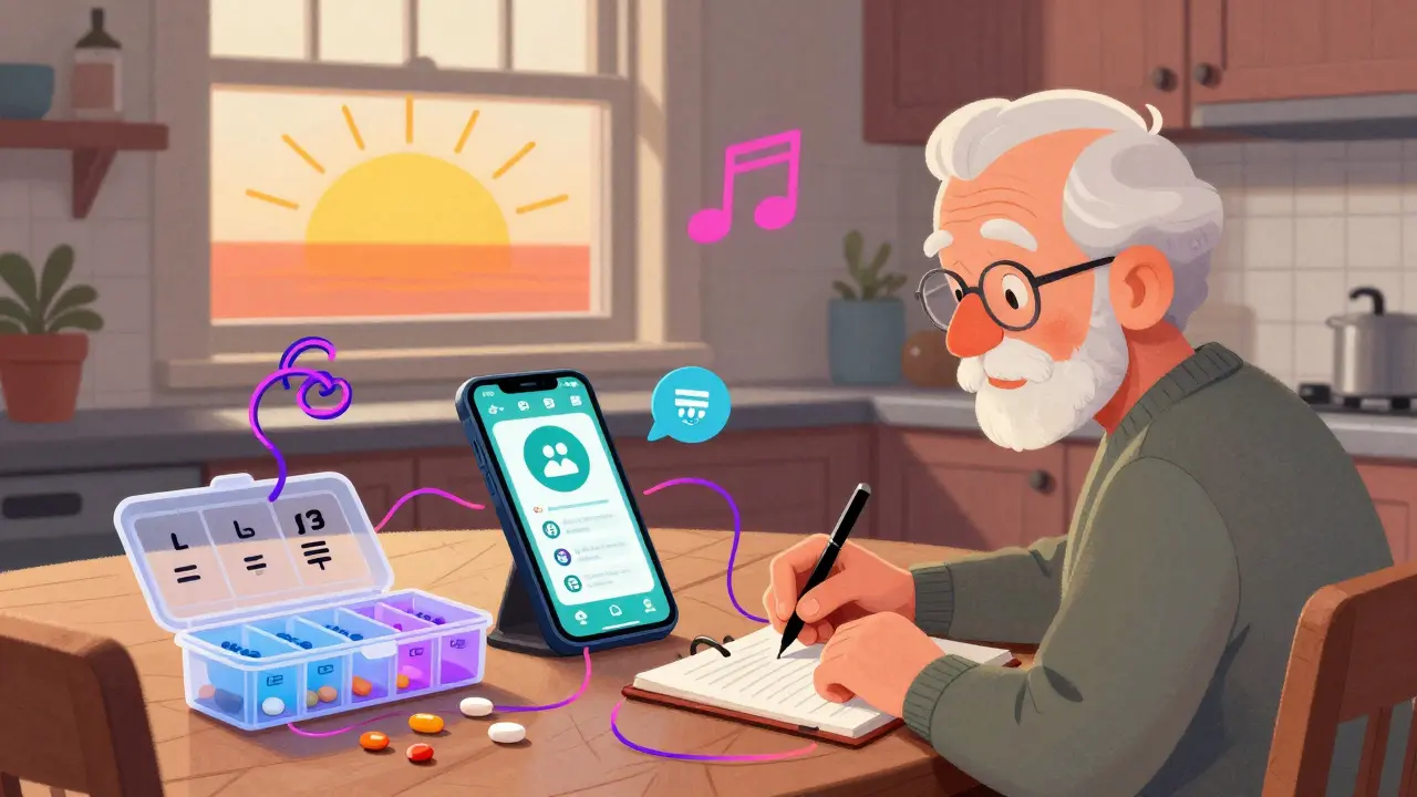 A senior uses a pill organizer and medication app at home, with a companion taking notes nearby.