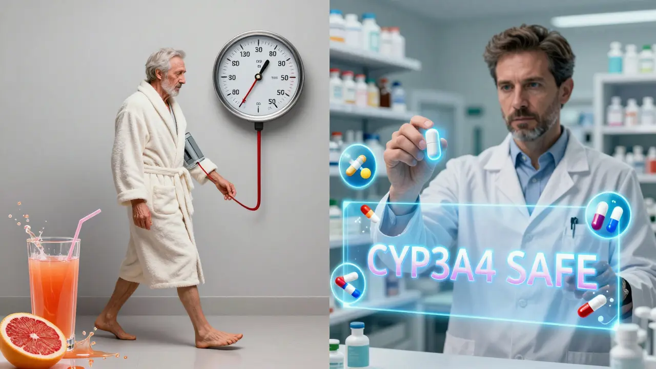 An elderly man fainting beside grapefruit juice, contrasted with a pharmacist holding a safe amlodipine tablet.