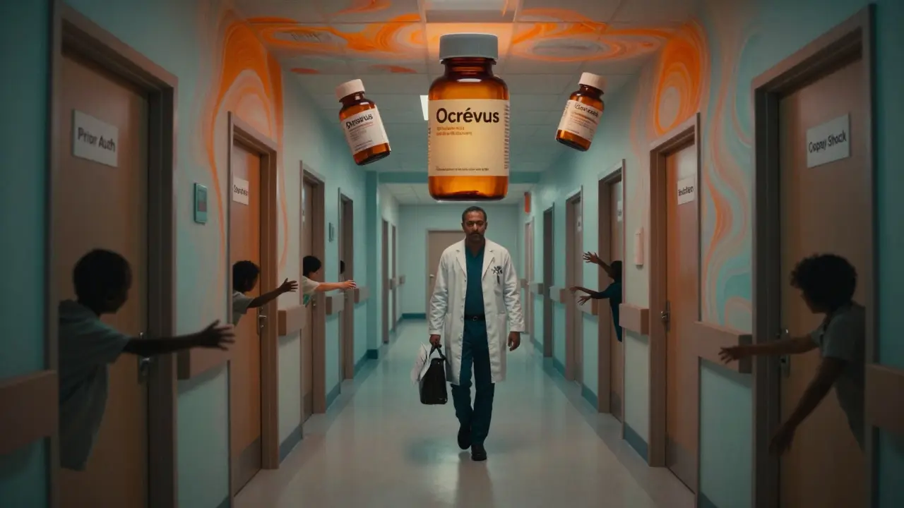 An oncologist walks down a distorted hallway lined with doors representing insurance hurdles, while branded and generic drugs float above in contrasting light.