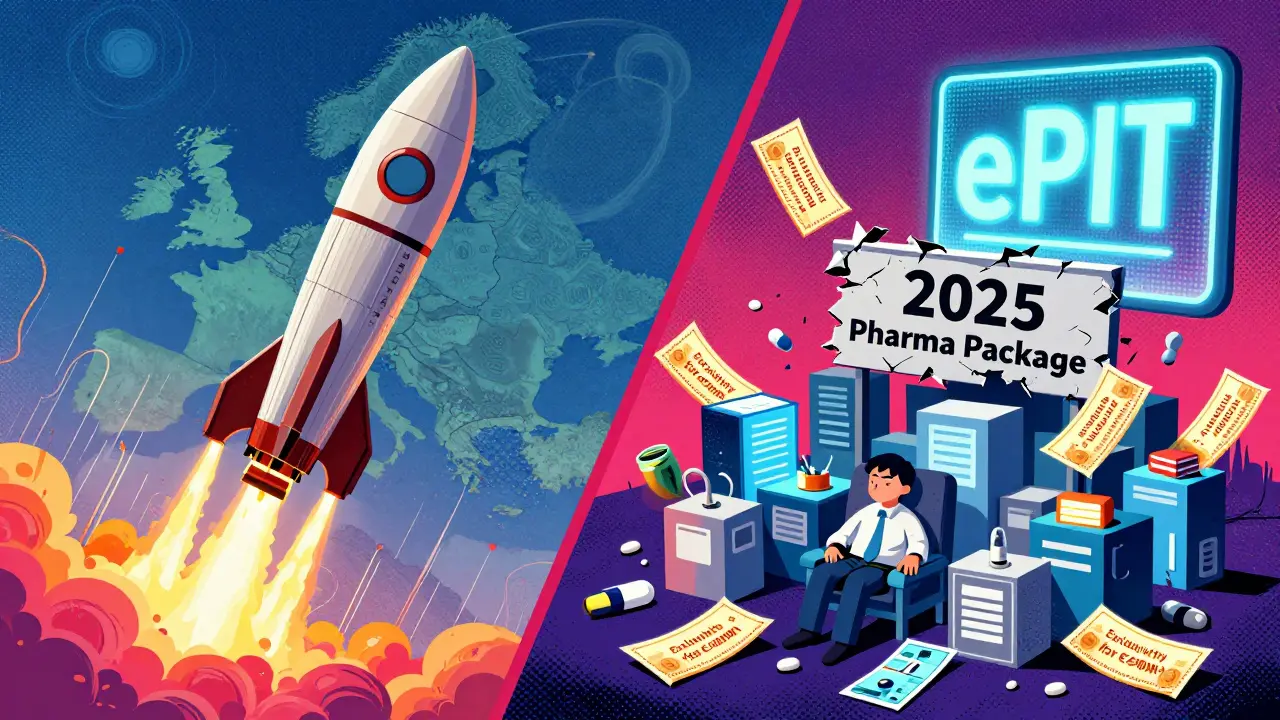 Big pharma rocket launching successfully vs. small firms overwhelmed by vouchers and IT bills in surreal Moscoso poster style.