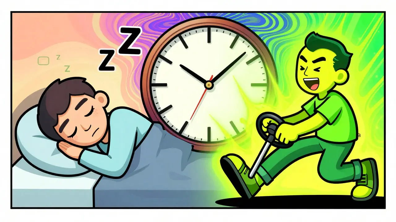 Cartoon comparison of drowsy versus alert medication effects.