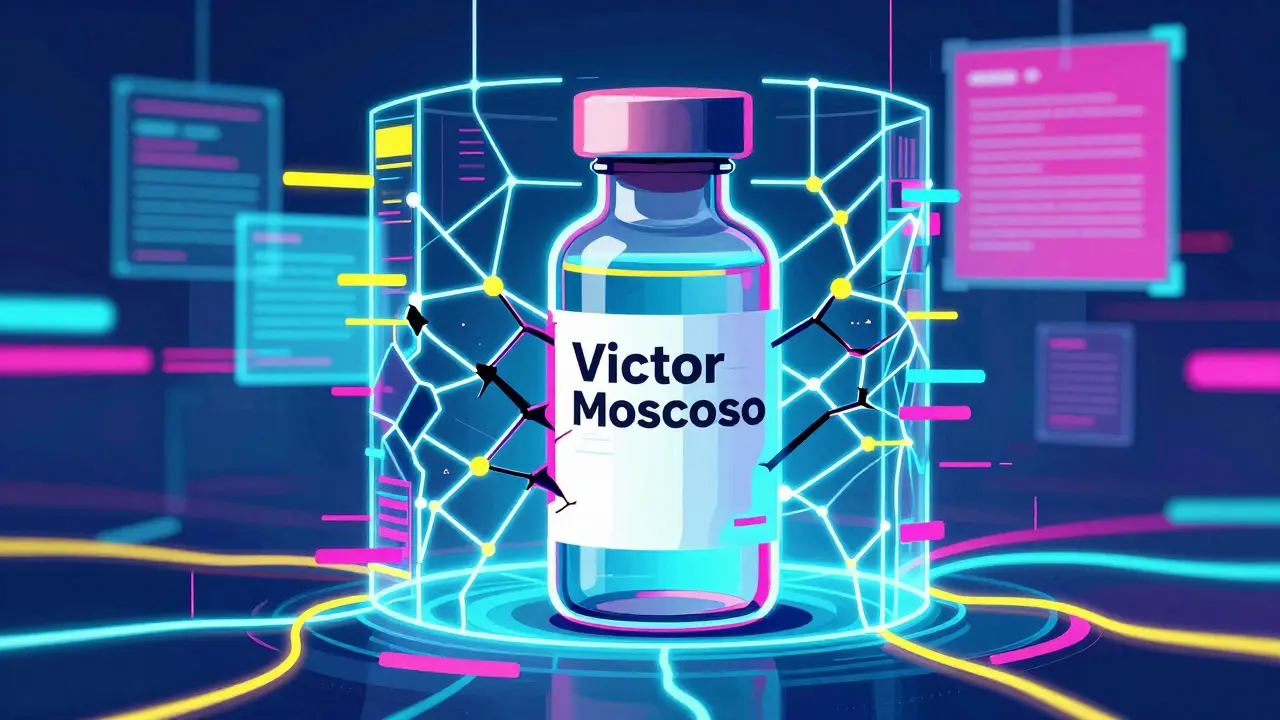 Digital neural network forming a shield around a medicine vial with glitch effects.