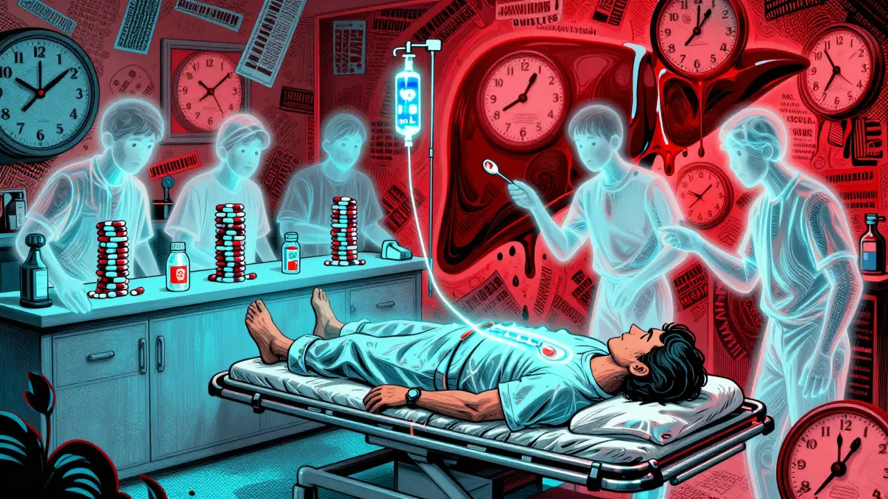 Emergency room with IV drip of antidote, ghostly figures stacking pills, kitchen spoon and child's bottle in background