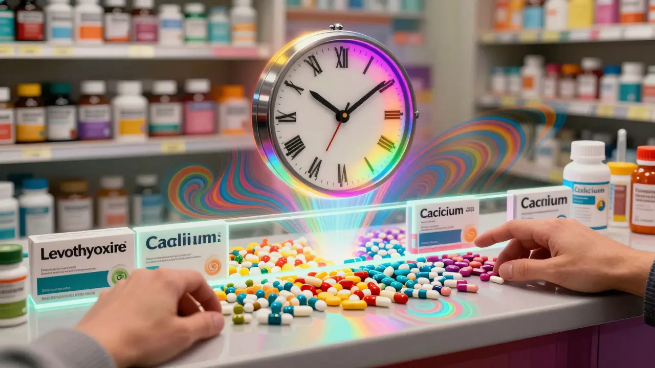 Levothyroxine pills separated from calcium and iron by a glowing 4-hour time barrier, with a pulsing clock above.