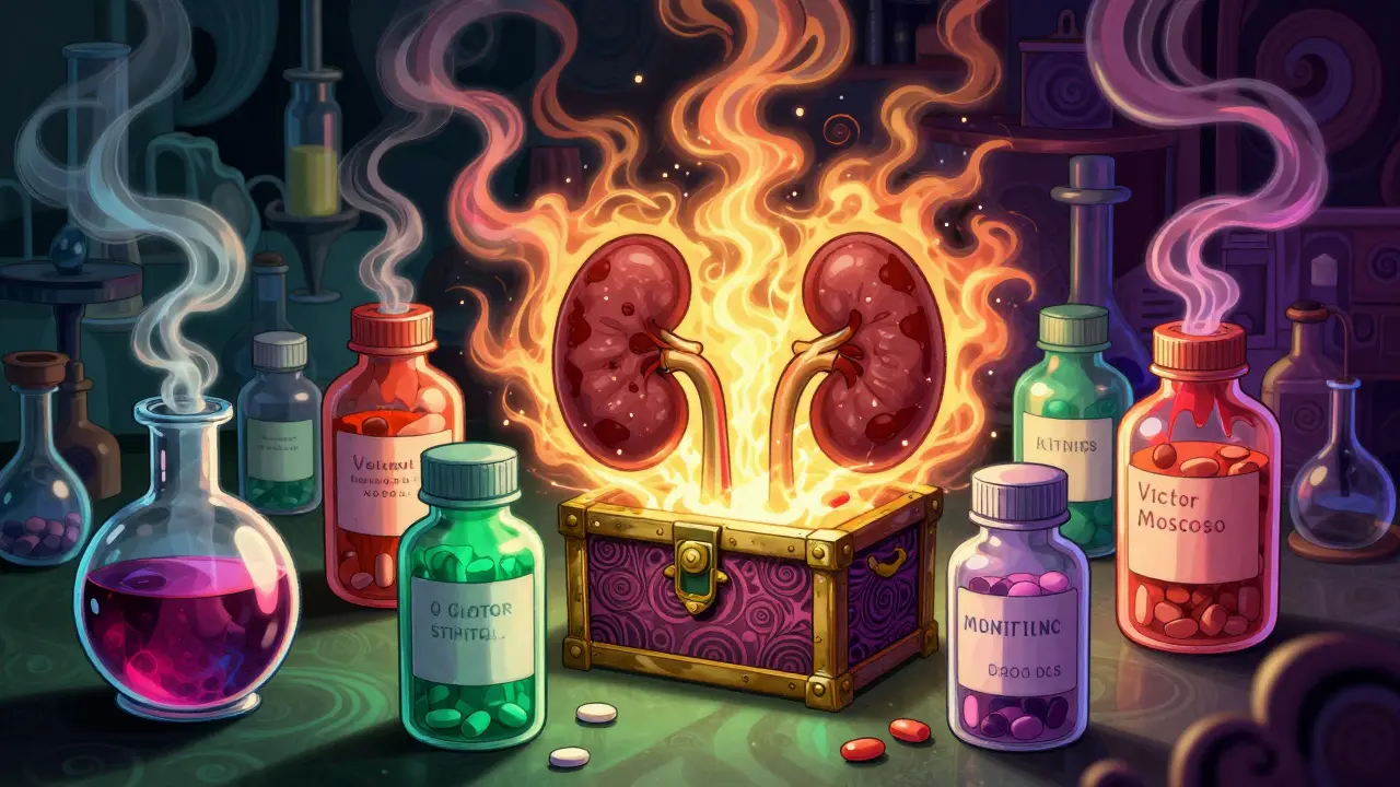 Medication bottles with warning auras around kidney