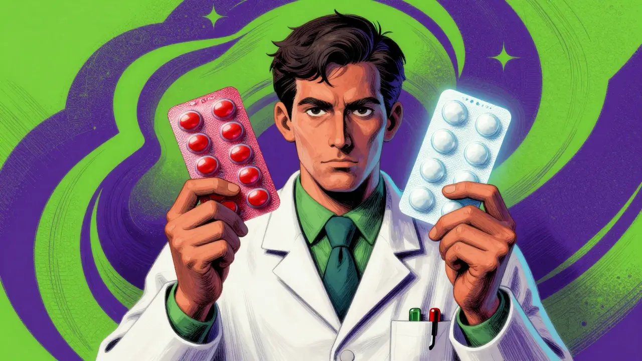 Scientist examining identical pill packs under bright lights for hidden defects.