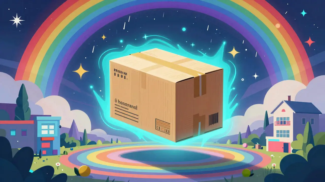 A glowing delivery package floating through a colorful, kaleidoscopic landscape.
