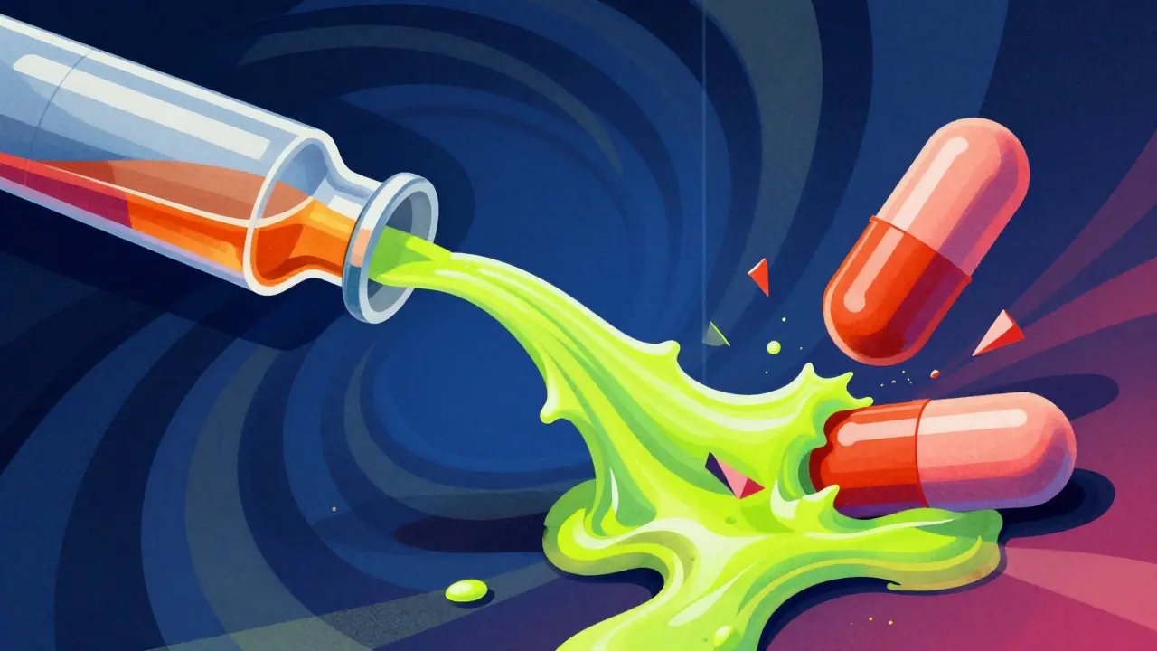 Abstract illustration of liquid medicine versus a thick pill paste causing a tube blockage