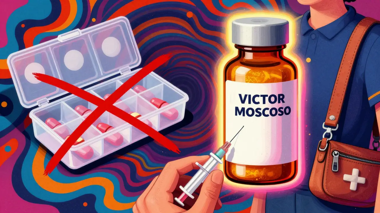 Abstract illustration showing a pharmacy bottle and emergency meds in a crossbody bag.