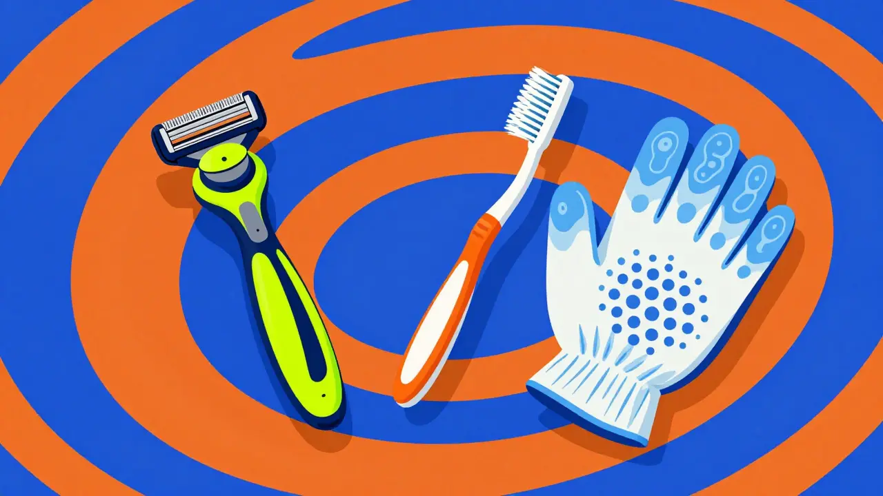 Colorful illustration of an electric razor, soft toothbrush, and gloves for safety.