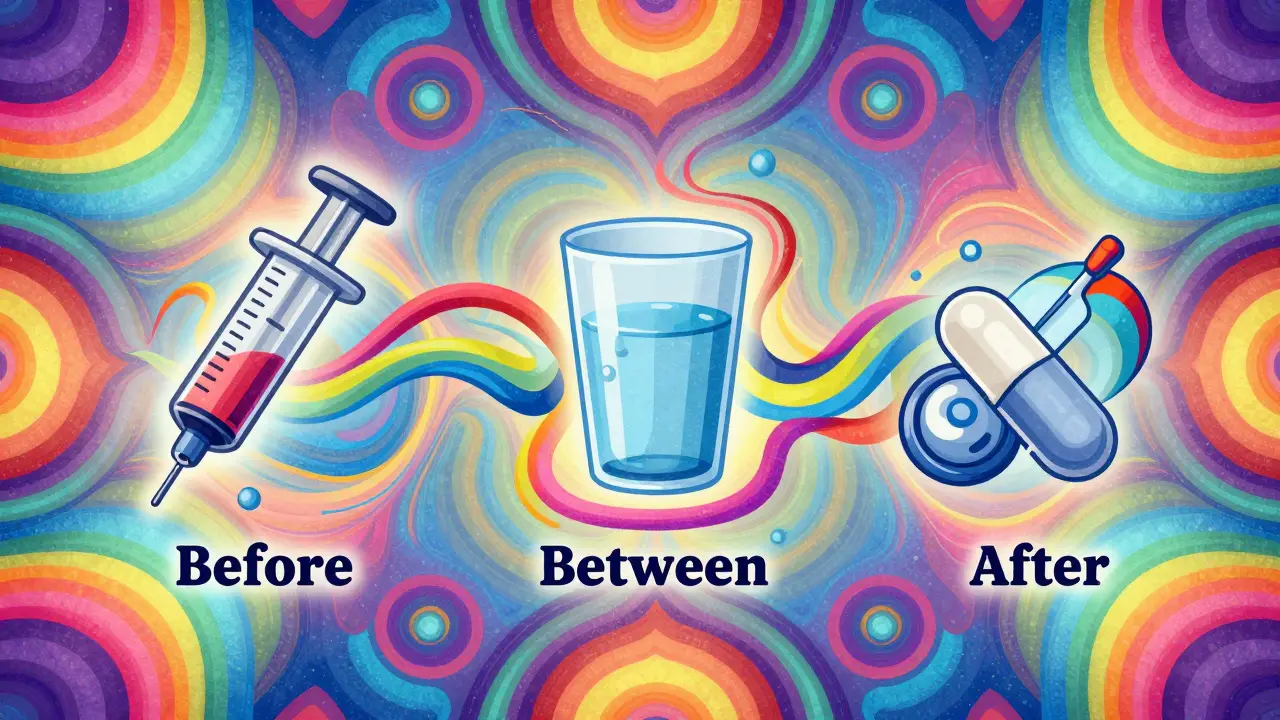 Colorful psychedelic composition of medical tools including a syringe and pill crusher