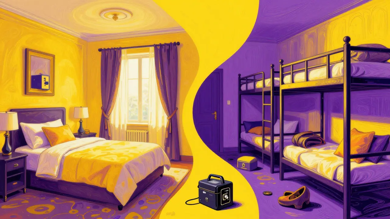 Colorful split-scene illustration comparing hotel security and hostel dorm environments.