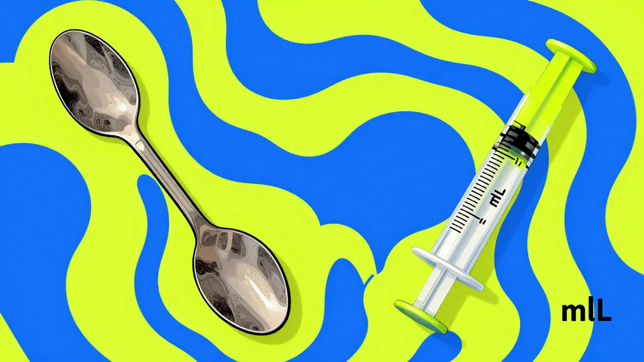 Comparison of a kitchen spoon and a metric oral syringe in a colorful graphic style