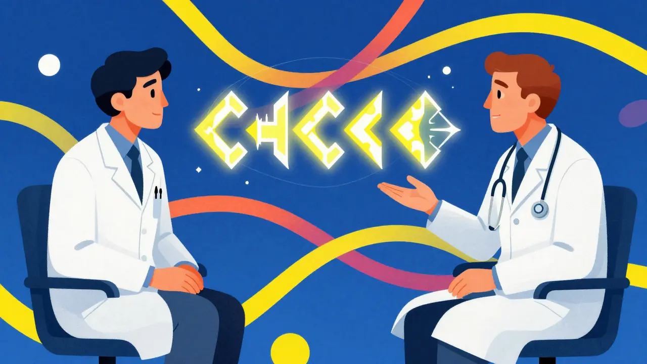 Psychedelic illustration of a patient talking to two doctors with abstract arterial plaque shapes.