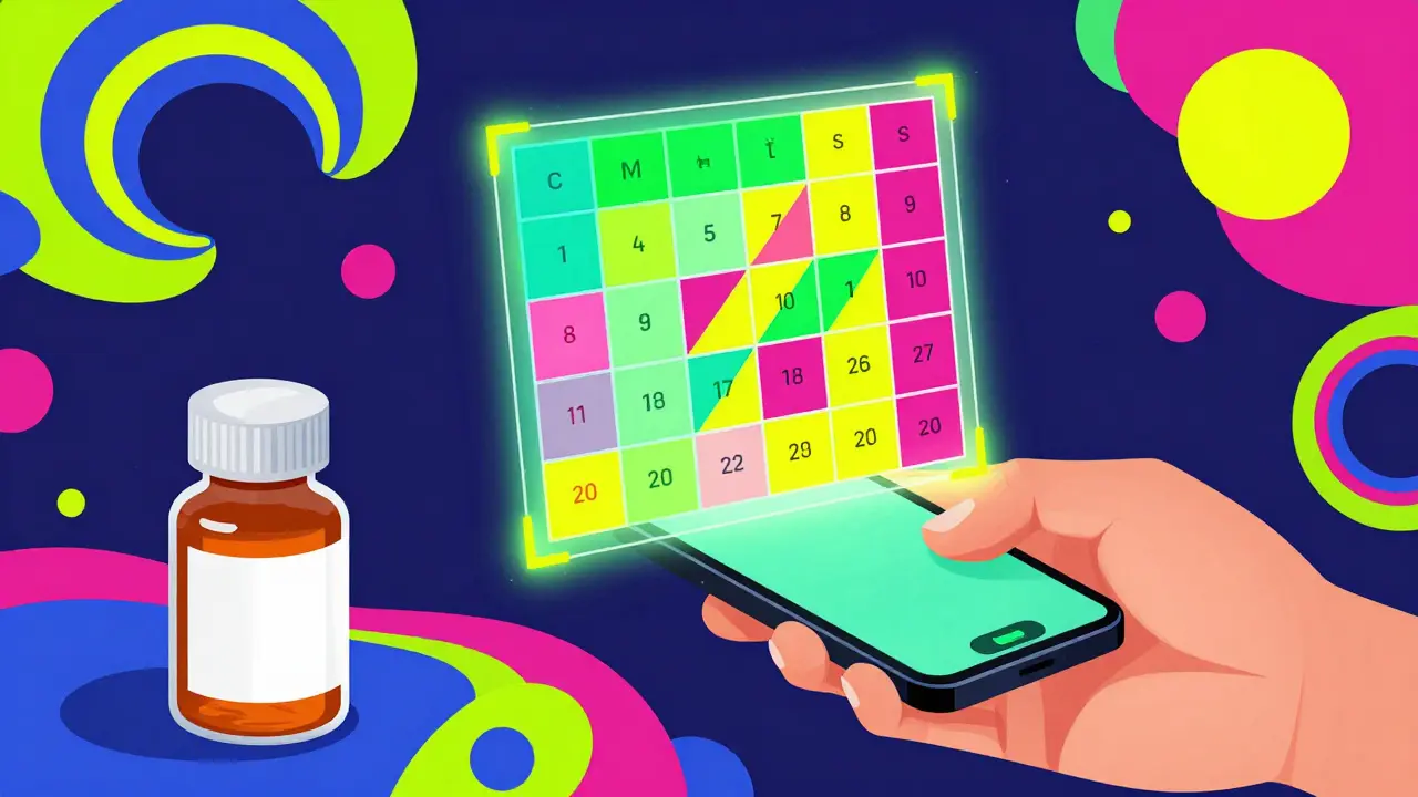 Smartphone scanning a medicine bottle to show a colorful digital dosing grid