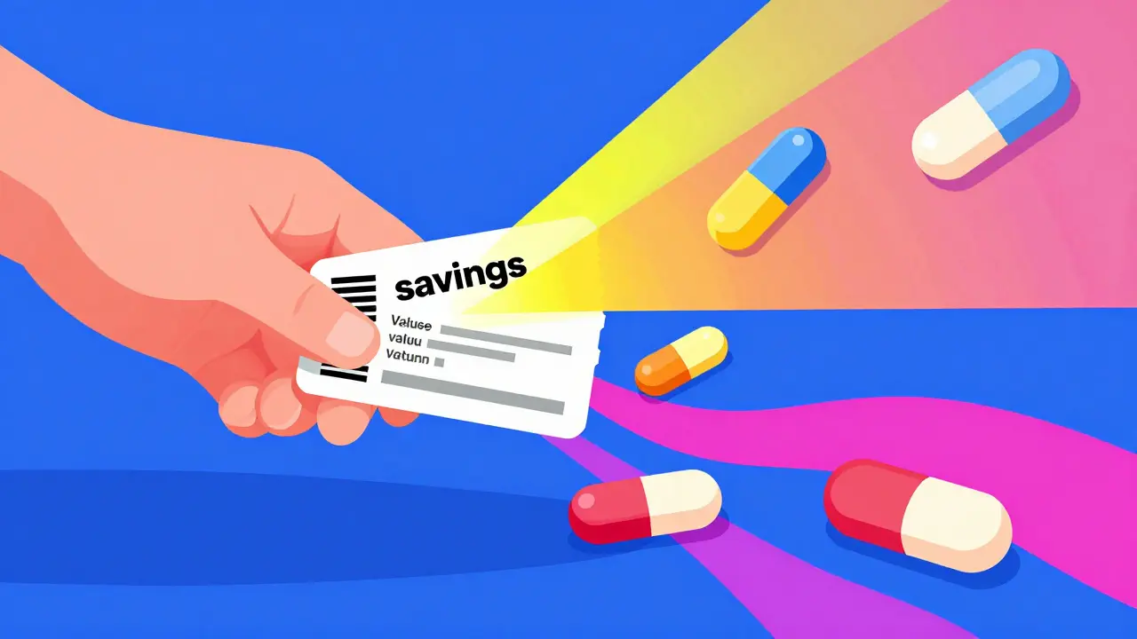 Stylized hand with a digital coupon and floating medication tablets in a vibrant, swirling composition.