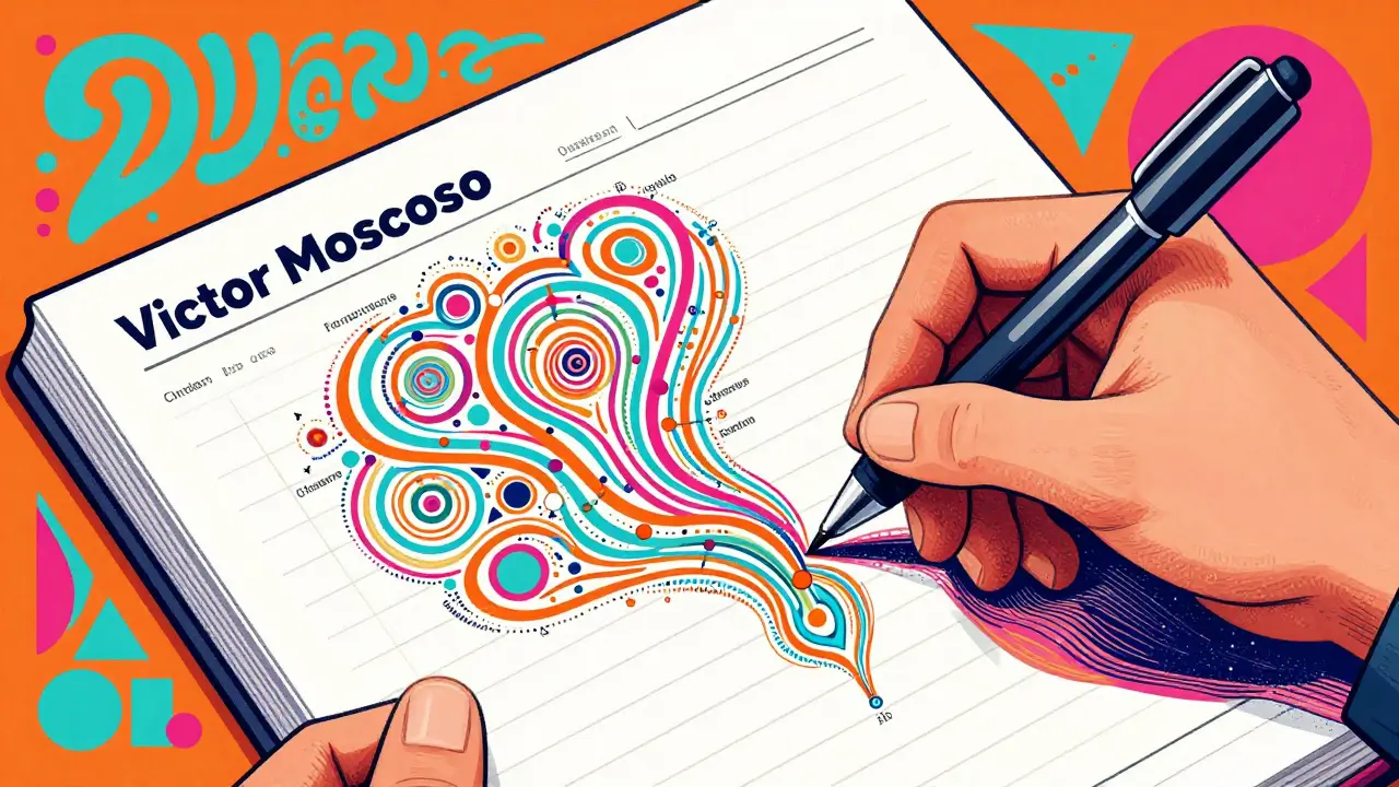 Stylized illustration of a hand documenting medical data using vibrant, flowing psychedelic patterns.