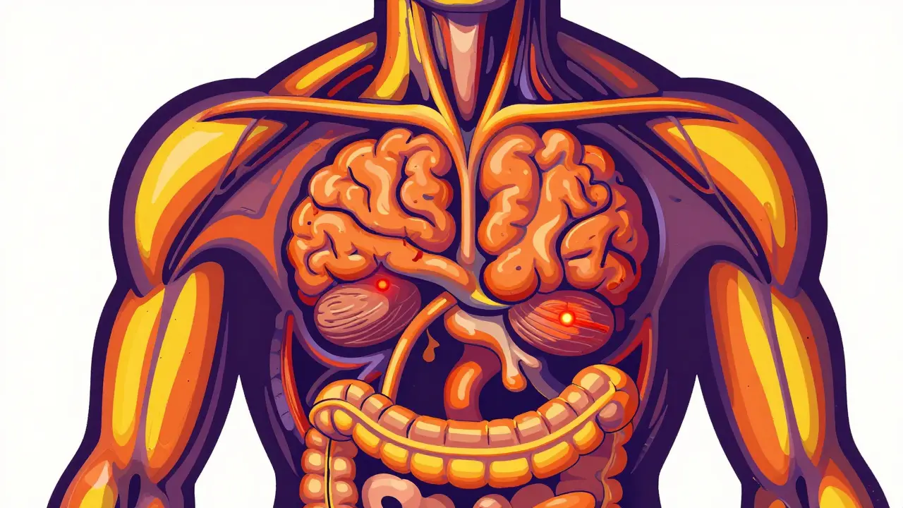 Surreal anatomical map showing internal bleeding risks in the brain and gut.